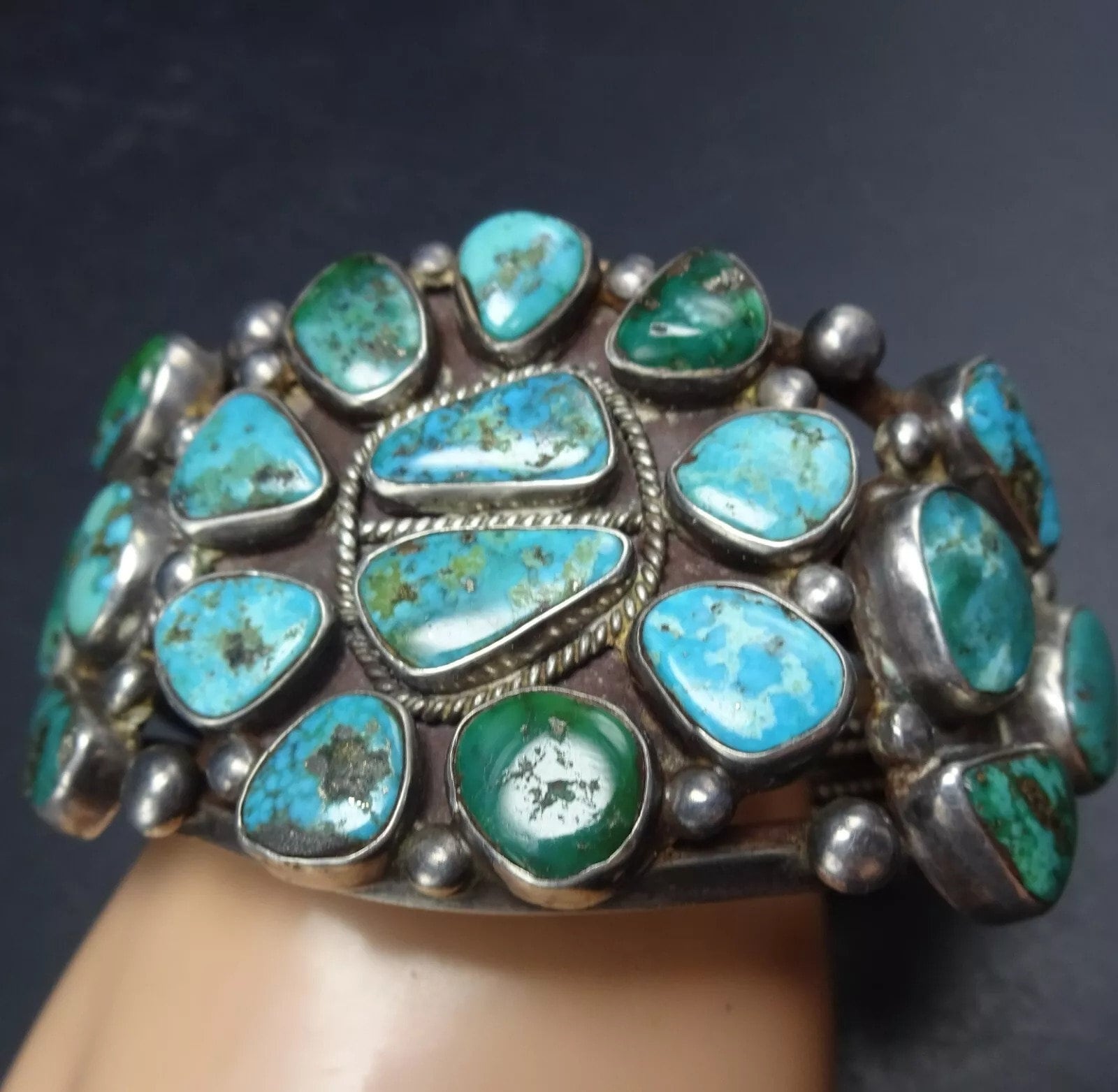 SPECTACULAR Old Pawn TURQUOISE CLUSTER Sterling Silver Cuff Bracelet ...
