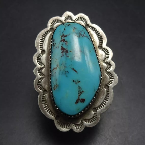 Intricate Matrix Vintage Native American Navajo Turquoise Sterling Silver Ring Old Intricate Matrix Vintage Native American Navajo Turquoise Sterling Silver Ring Old