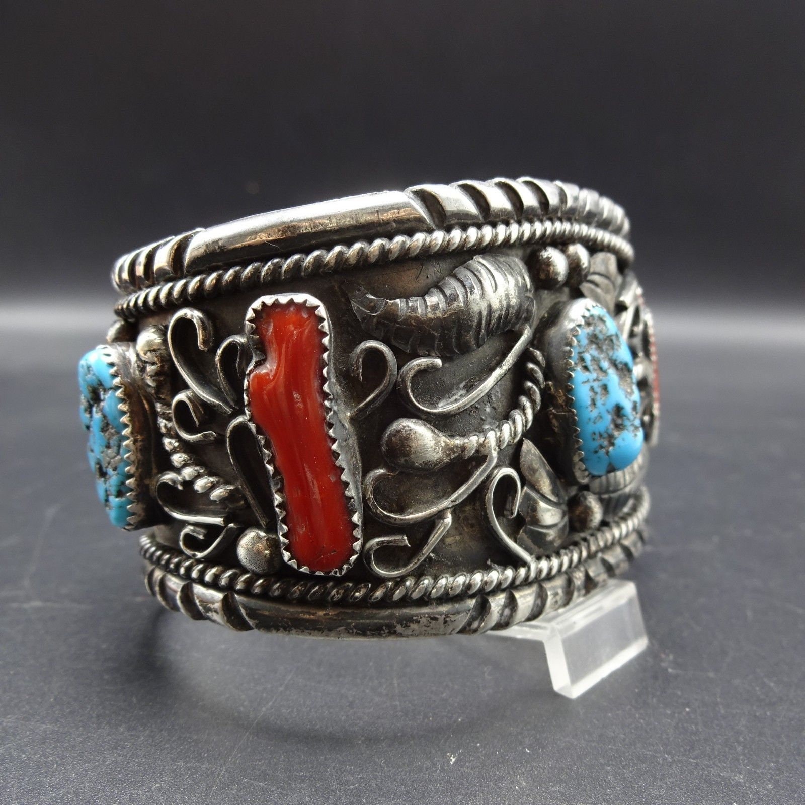 HEAVY Vintage Navajo Sterling Silver CORAL & TURQUOISE Cuff Bracelet ...