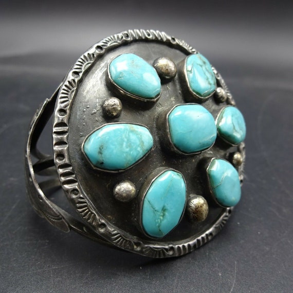 Vintage Hand-Stamped Sterling Silver TURQUOISE Cu… - image 1