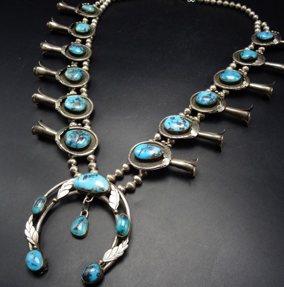 Heavy 248 Gram Vintage Native American Navajo Turquoise Sterling Silver Squash Blossom Necklace Heavy 248 Gram Vintage Native American Navajo Turquoise Sterling Silver Squash Blossom Necklace