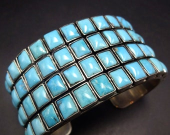 FEDERICO JIMENEZ Sterling Silver Clear Blue TURQUOISE Cluster Cuff Bracelet 122g