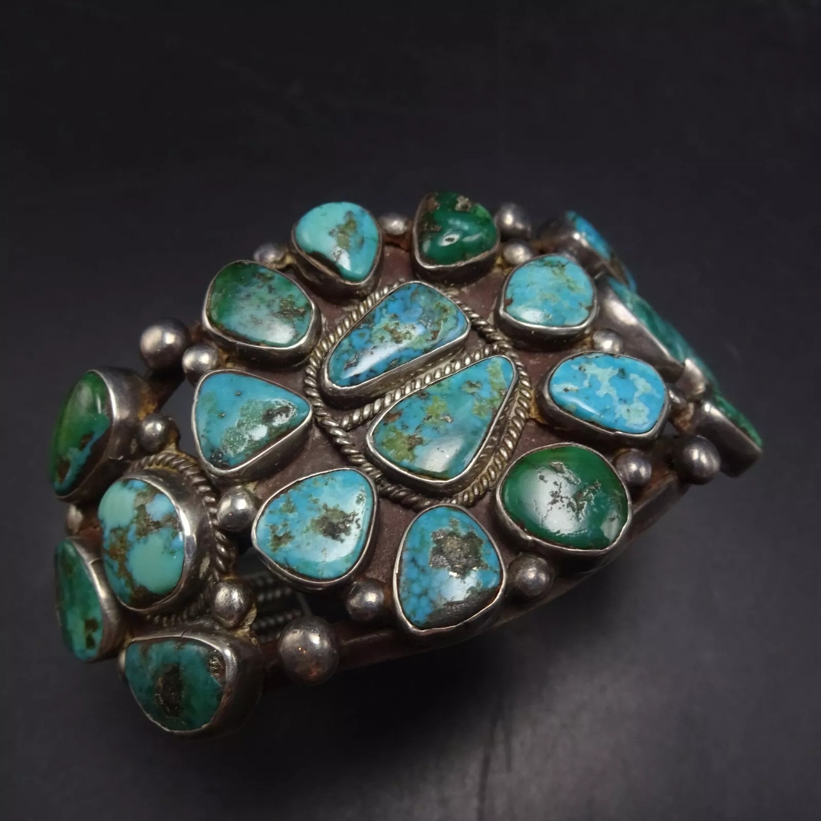 SPECTACULAR Old Pawn TURQUOISE CLUSTER Sterling Silver Cuff Bracelet ...