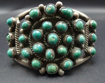 Vintage 1930s Sterling Silver TURQUOISE Cluster Petit Point CUFF Bracelet