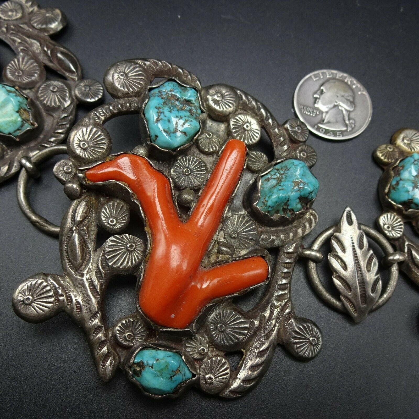 Vintage silver and Coral  Corded medallion belt OSFM Important Linda Marble Vintage Native American Navajo Coral  main image 2