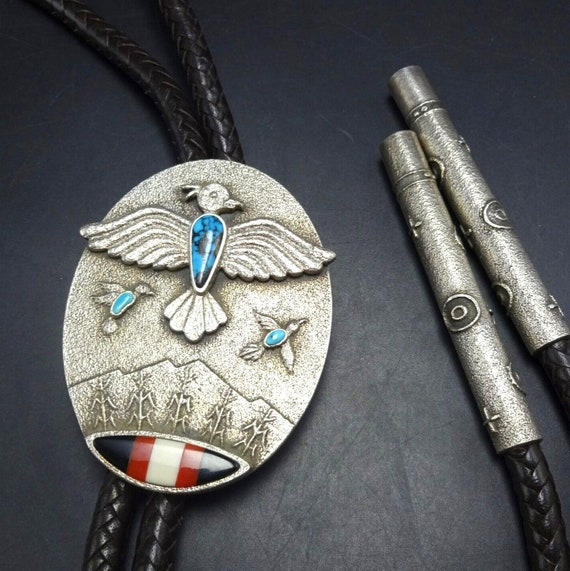 Magnificent Navajo Native American Turquoise Jet Inlay Thunderbird Bolo Tie Magnificent Navajo Native American Turquoise Jet Inlay Thunderbird Bolo Tie