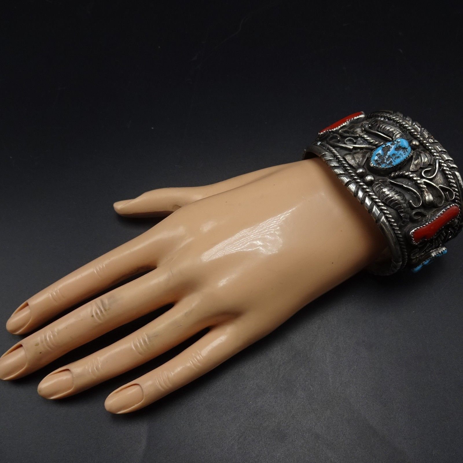 HEAVY Vintage Navajo Sterling Silver CORAL & TURQUOISE Cuff Bracelet ...