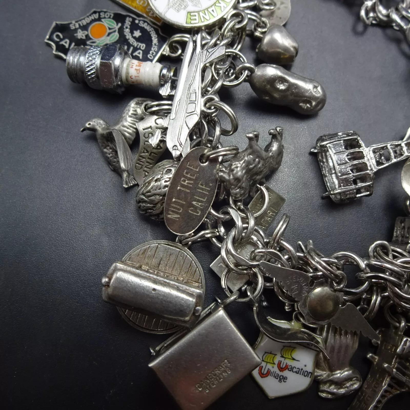 Vintage Sterling Silver 33 CHARM BRACELET 103.3 Grams Unusual and RARE ...