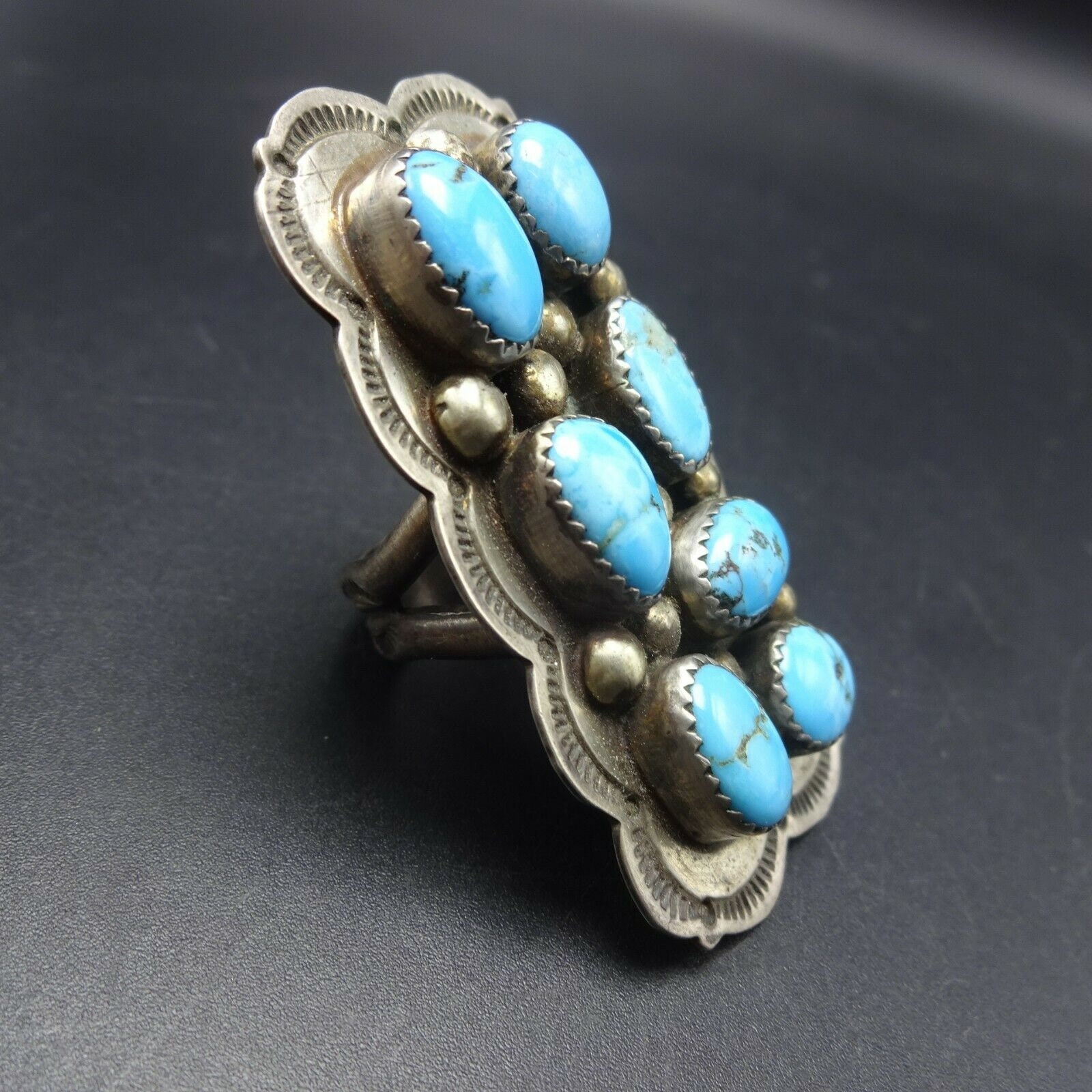 NAVAJO Hand-stamped Sterling Silver KINGMAN TURQUOISE Cluster Ring Size ...