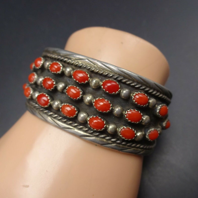 Vintage NAVAJO Sterling Silver Red CORAL Cuff BRACELET Dark Oxidized ...