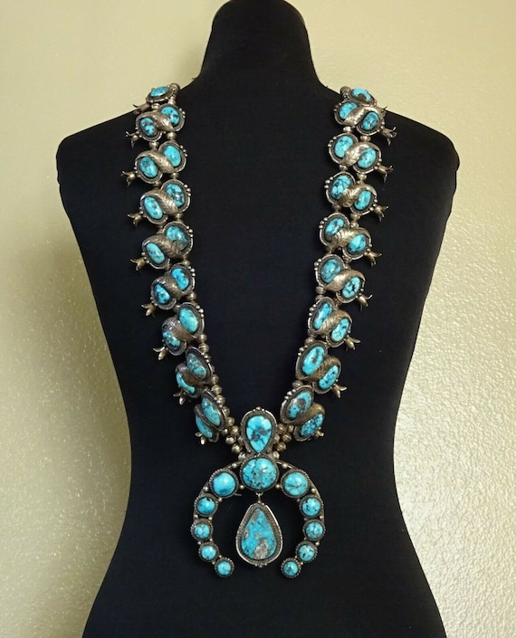 Huge RARE Leo Arviso Navajo High Blue TURQUOISE Squash Blossom