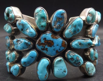 FEDERICO JIMENEZ Sterling Silver High Blue TURQUOISE Cluster Cuff Bracelet 150g