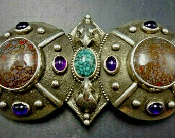 Extraordinary Sterling Silver TURQUOISE Agatized Dinosaur Bone BELT BUCKLE Eagle