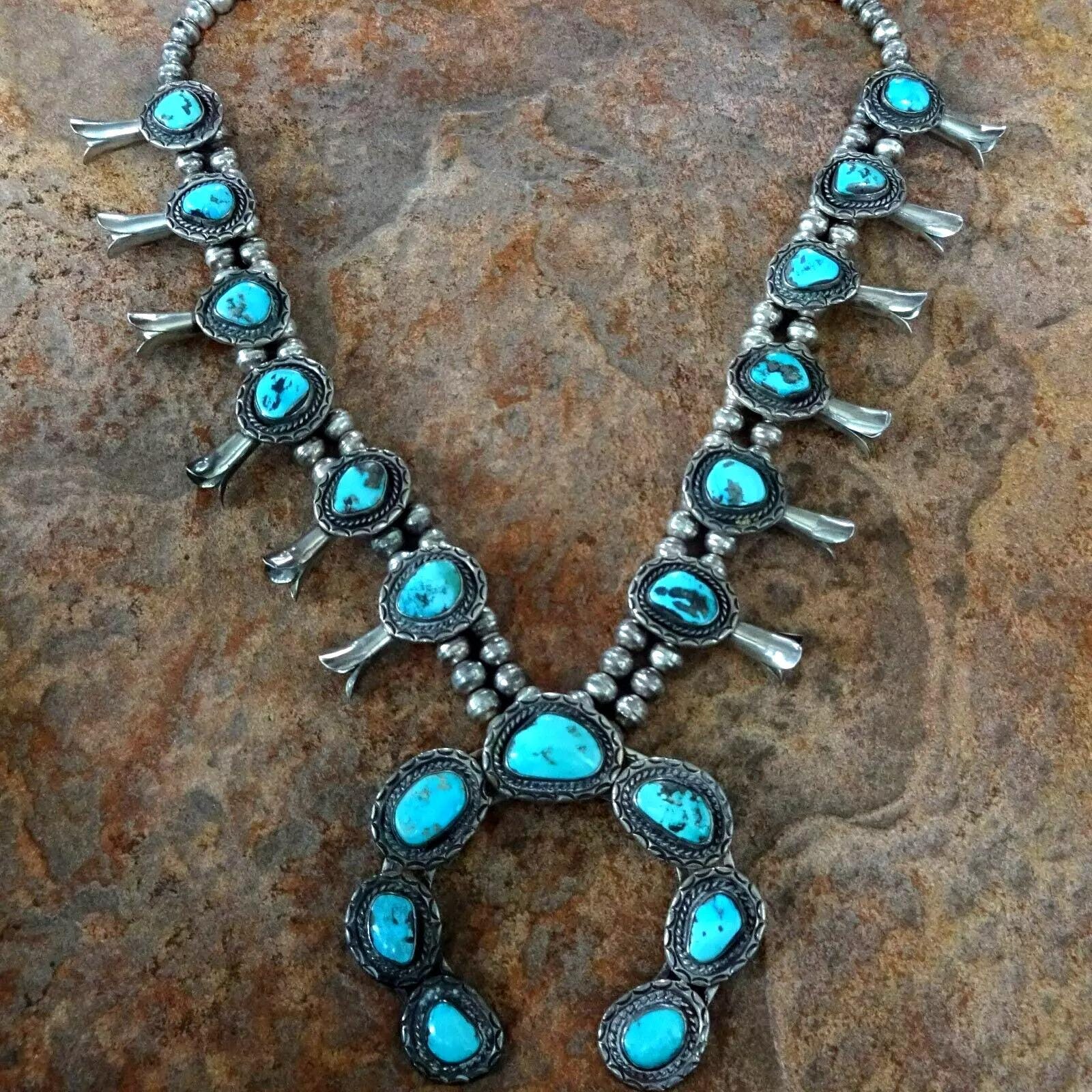 Old Vintage Navajo segmented Turquoise Native American Jewelry Silver Necklace Old Vintage Navajo segmented Turquoise Native American Jewelry Silver Necklace