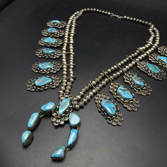 Grand Vintage Native American Navajo Morenci Turquoise Sterling Silver Squash Blossom Necklace Grand Vintage Native American Navajo Morenci Turquoise Sterling Silver Squash Blossom Necklace