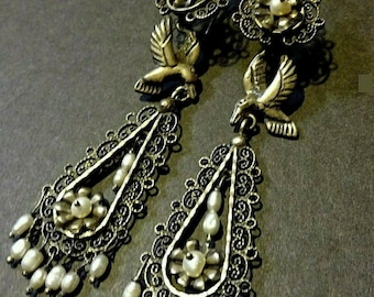 Elegant FEDERICO JIMENEZ Sterling Silver OAXACA Filigree Earrings White Pearls
