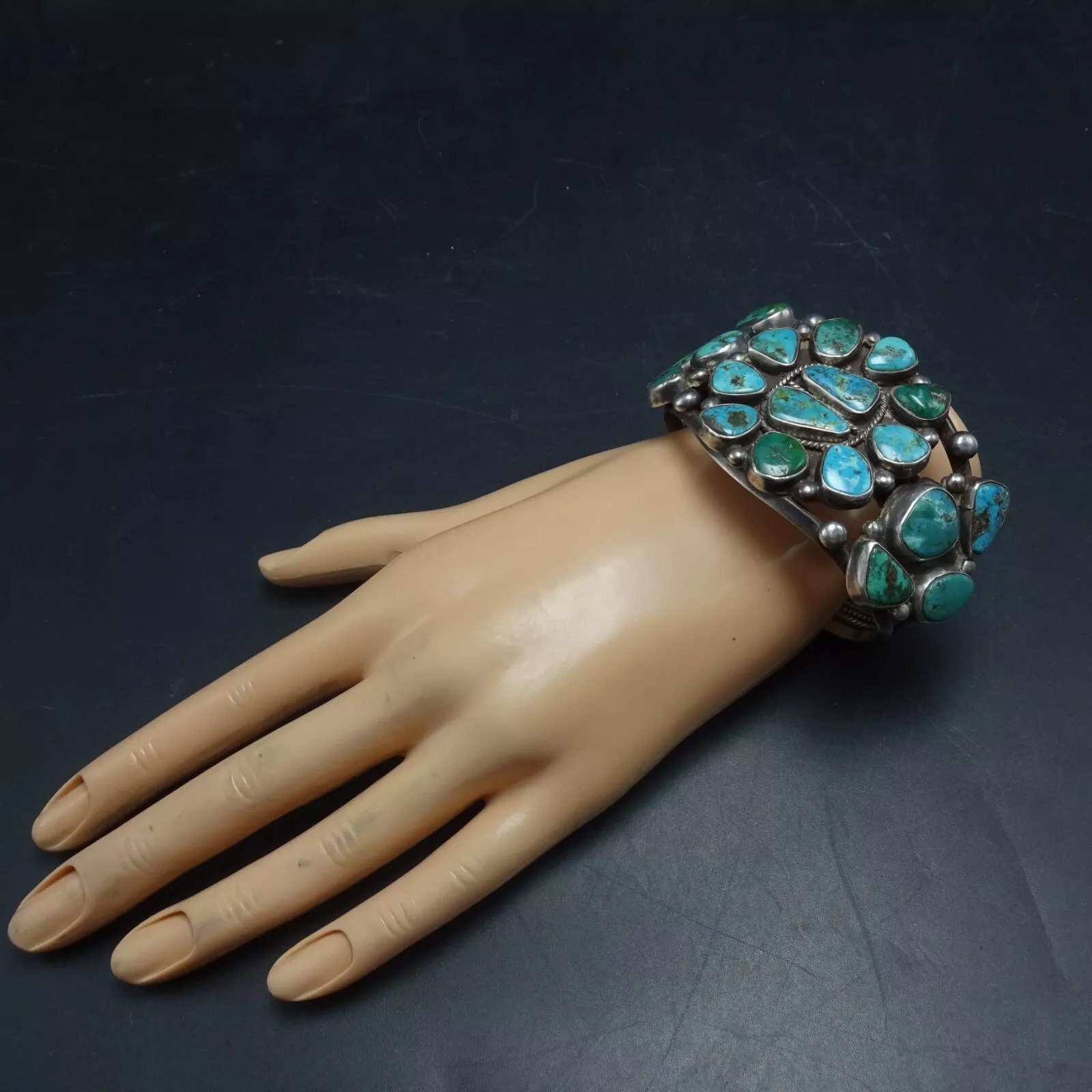 SPECTACULAR Old Pawn TURQUOISE CLUSTER Sterling Silver Cuff Bracelet ...