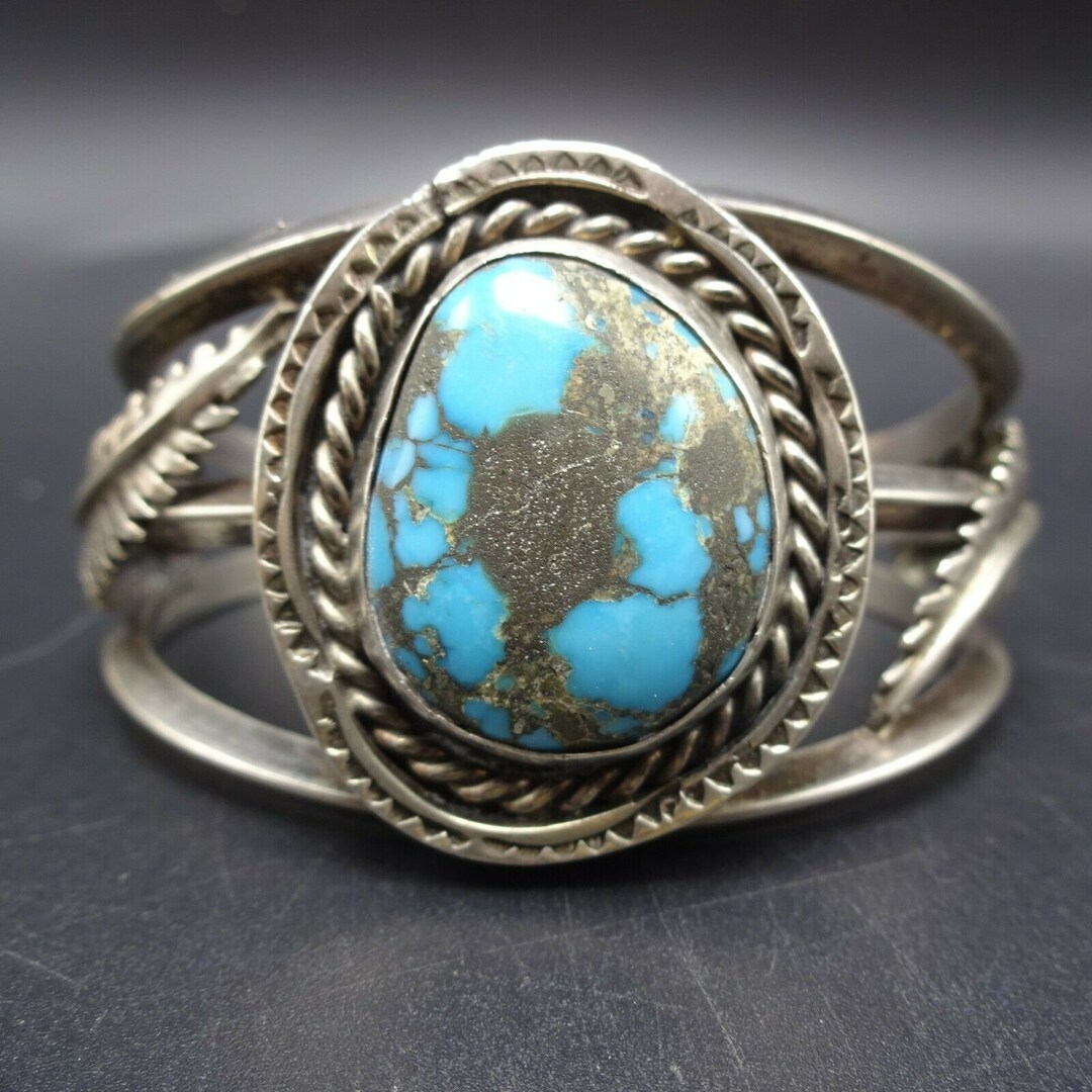 Vintage NAVAJO Sterling Silver GORGEOUS Blue TURQUOISE Cuff Bracelet ...