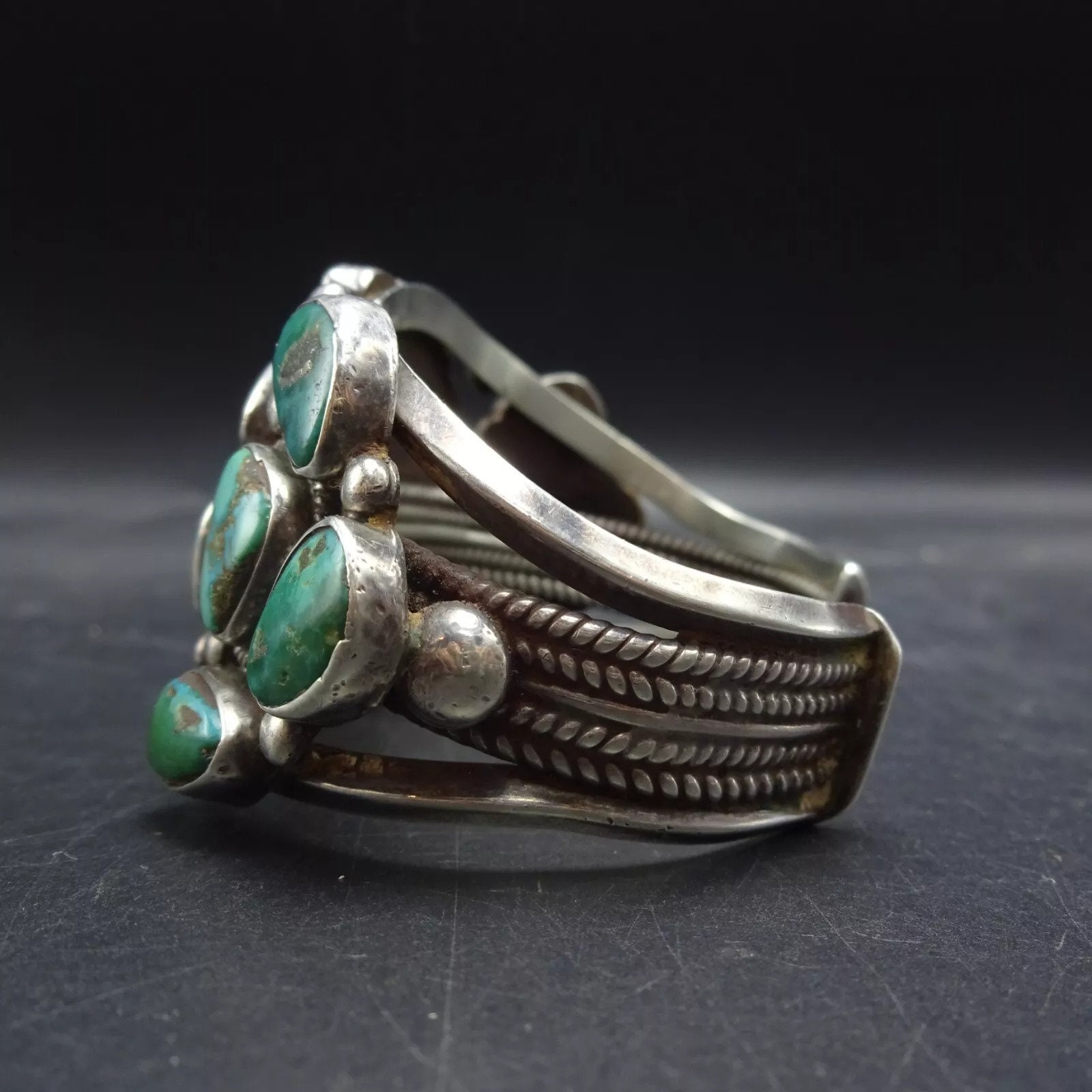 SPECTACULAR Old Pawn TURQUOISE CLUSTER Sterling Silver Cuff Bracelet ...