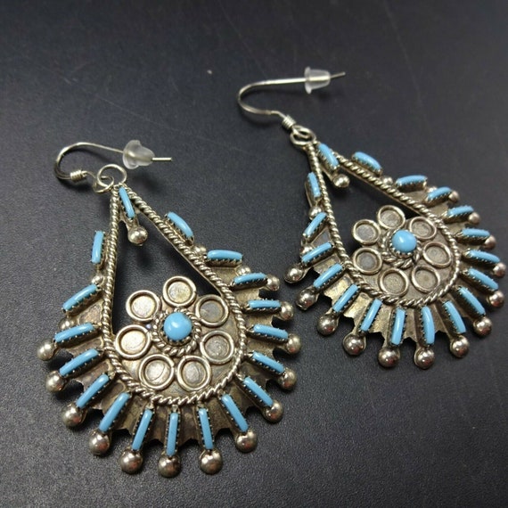 Vintage Sterling Silver TURQUOISE Needlepoint EARRINGS Teardrop
