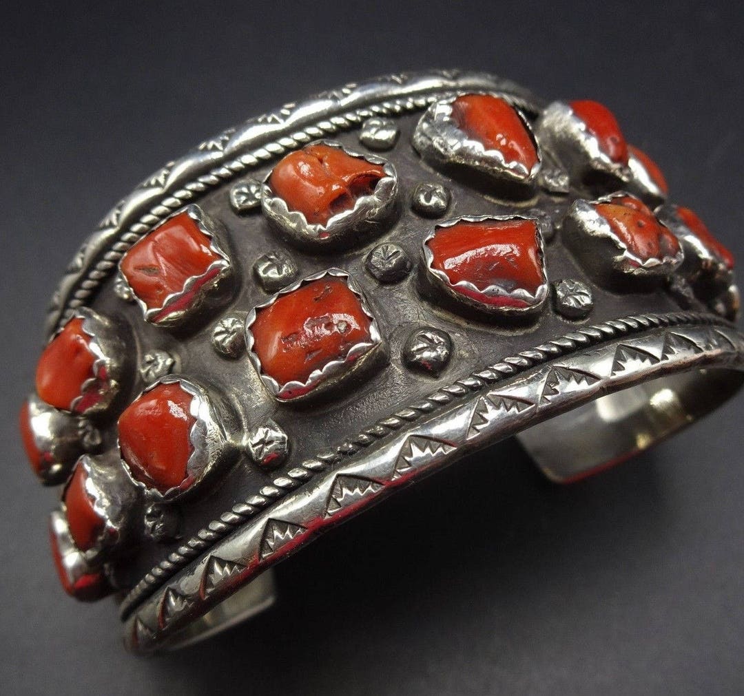 Heavy Vintage Navajo Sterling Silver & OLD RED CORAL Cuff Bracelet 83 ...