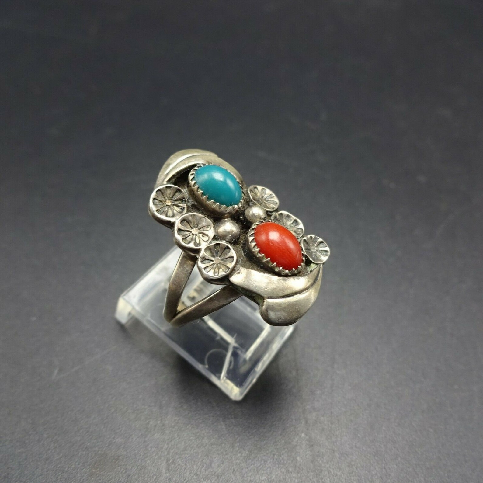 Lovely Vintage NAVAJO Sterling Silver TURQUOISE and CORAL Ring Size 6 ...