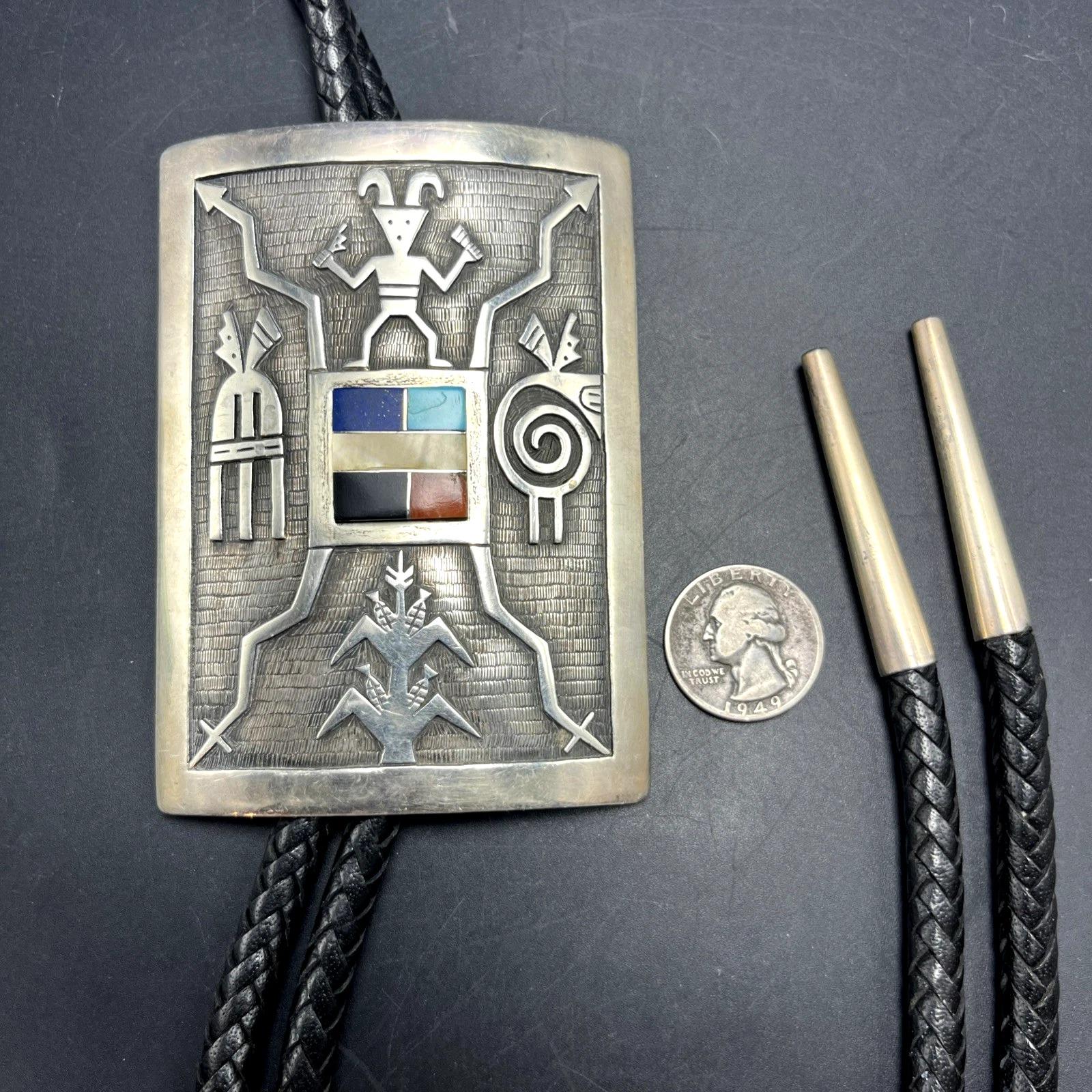 Frank Lahaleon ZUNI Sterling Silver Overlay GEMSTONE Inlay BOLO