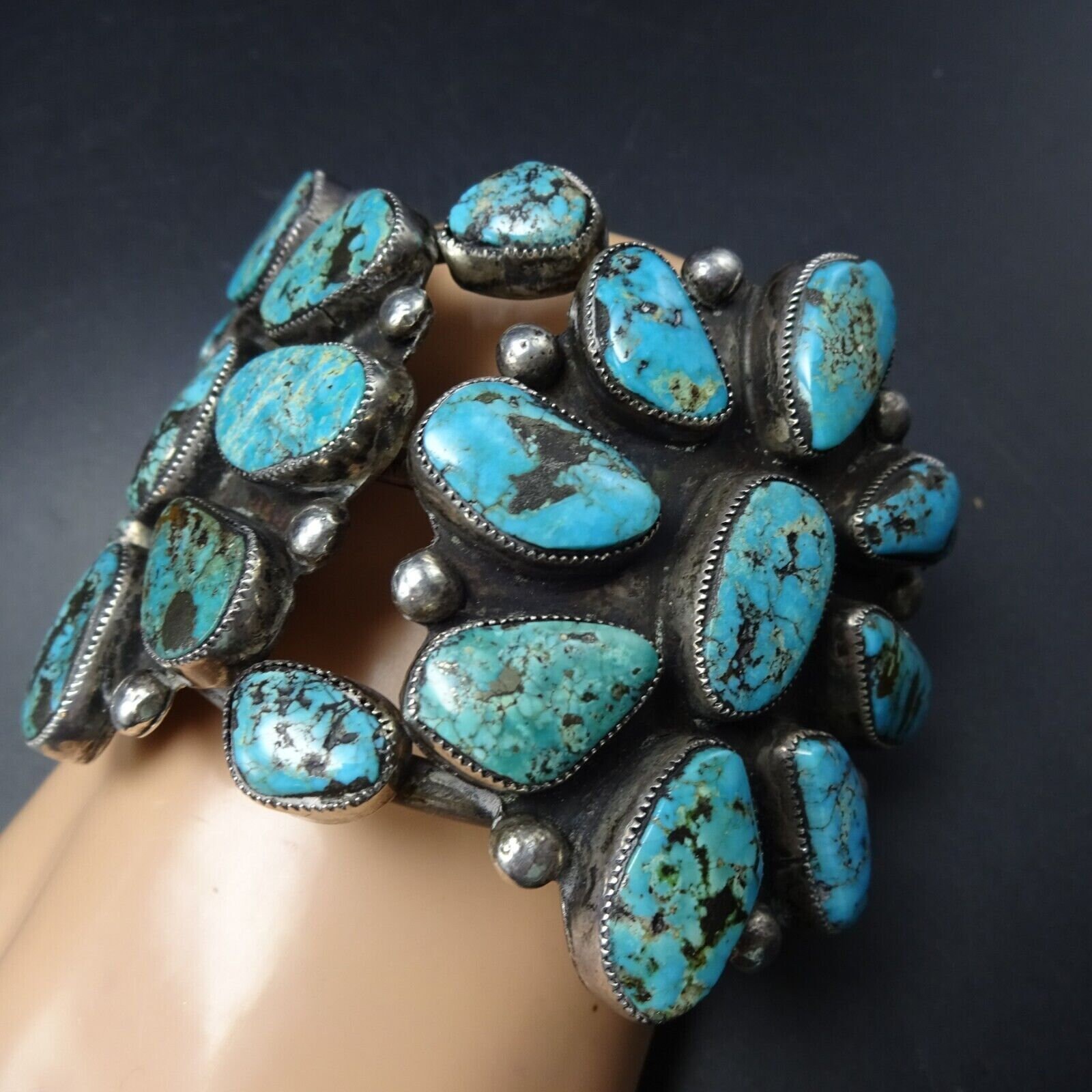 Old Pawn Sterling Silver Natural BLUE DIAMOND TURQUOISE Cluster Cuff ...