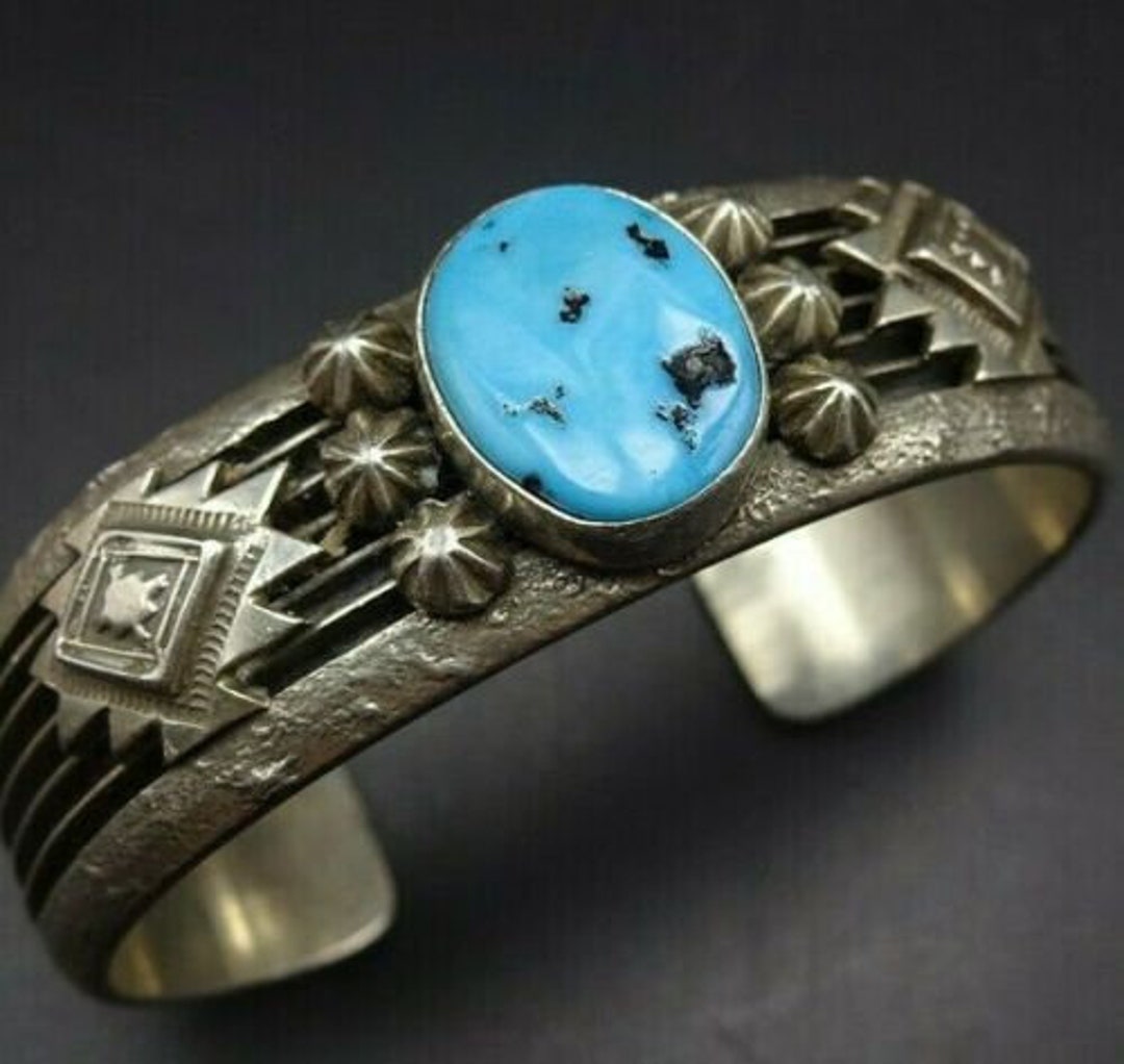 Vintage NAVAJO Sterling Silver KINGMAN TURQUOISE Cuff Bracelet Applied ...