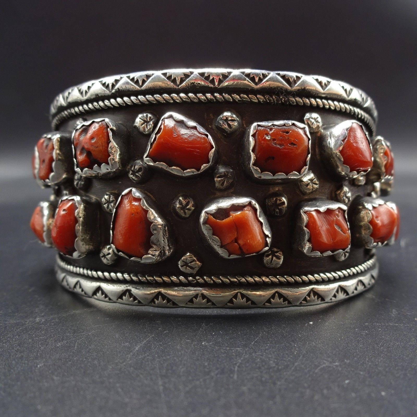 Heavy Vintage Navajo Sterling Silver & OLD RED CORAL Cuff Bracelet 83 ...