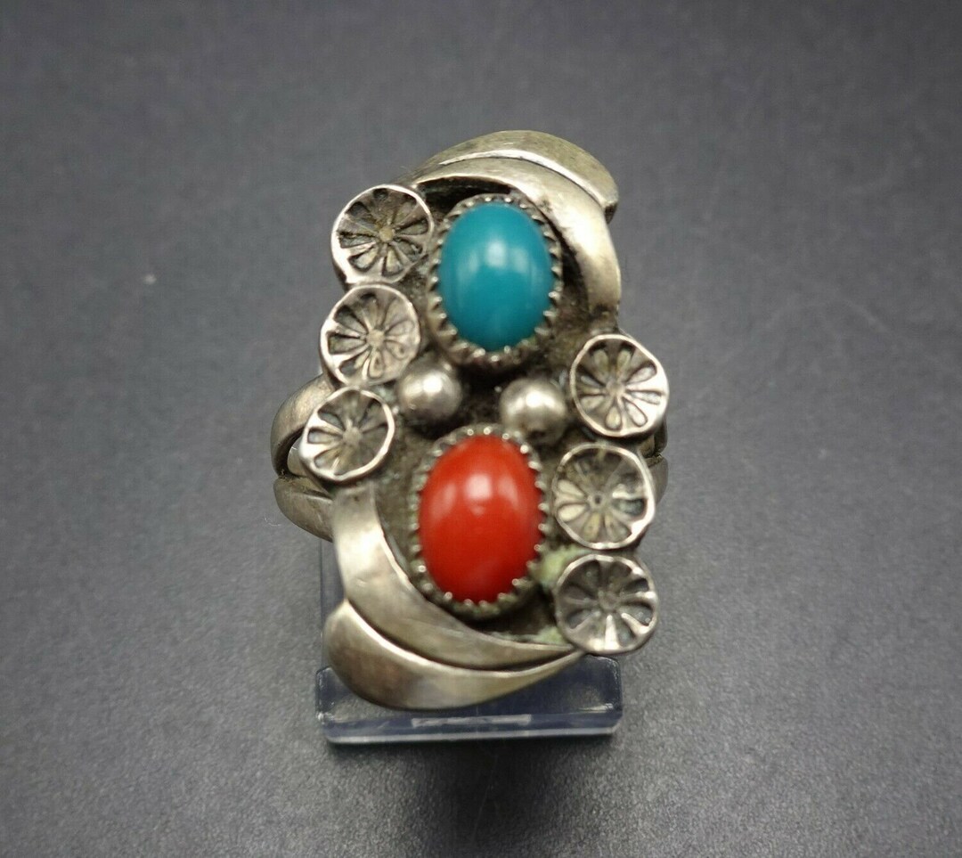 Lovely Vintage NAVAJO Sterling Silver TURQUOISE and CORAL Ring Size 6 ...