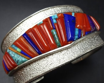 Navajo ISIAH BEGAY Tufa Cast SterlingSilver Lapis Coral TURQUOISE Inlay Bracelet