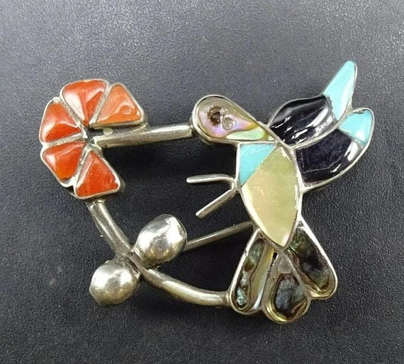 Vintage ZUNI Sterling Silver HUMMINGBIRD Pin/pendant Inlay of Turq