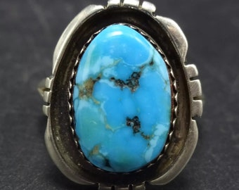 Signed Vintage NAVAJO High Blue TURQUOISE Sterling Silver RING size 9