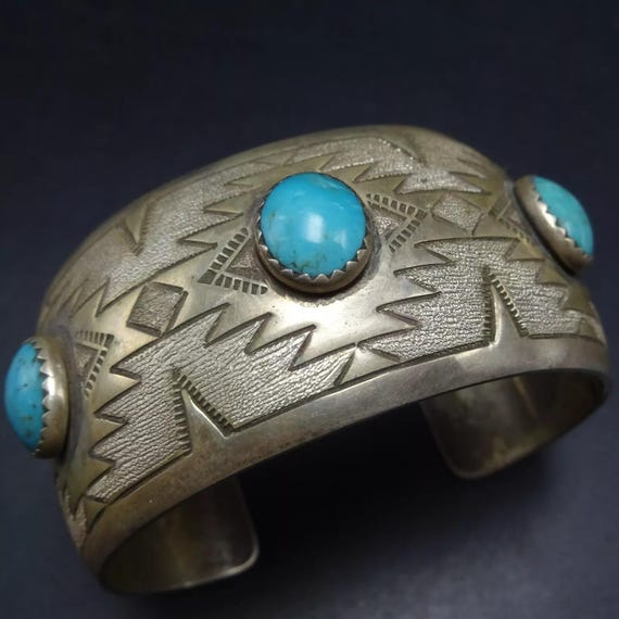 LEANDER TAHE Navajo Vintage Sterling Silver TURQUOISE Cuff