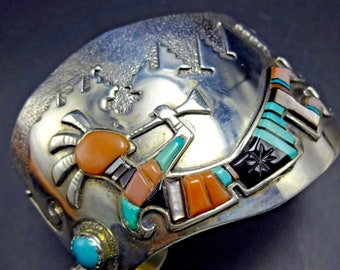 DANNY CLARK Navajo Vintage Sterling Silver KOKOPELLI Inlay Cuff Bracelet