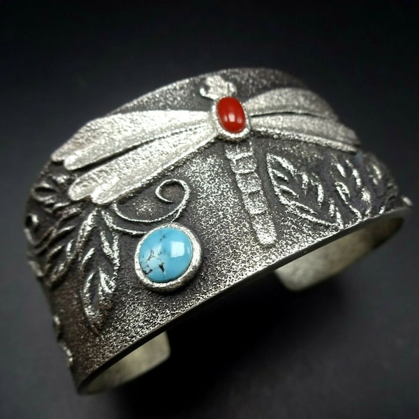 REBECCA BEGAY Tufa Cast Dragonfly Sterling Silver Coral TURQUOISE Cuff Bracelet