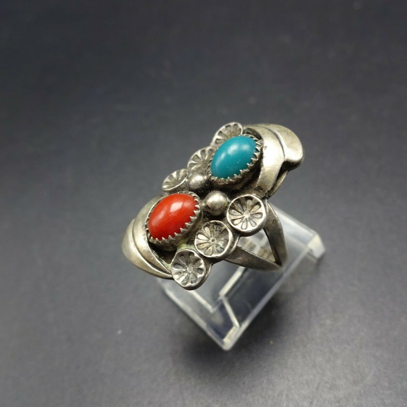 Lovely Vintage NAVAJO Sterling Silver TURQUOISE and CORAL Ring Size 6 ...