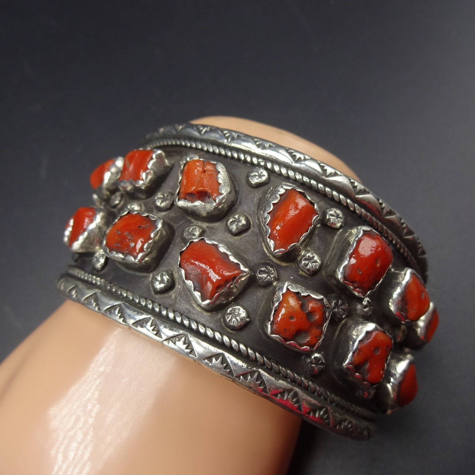 Heavy Vintage Navajo Sterling Silver & OLD RED CORAL Cuff Bracelet 83 ...