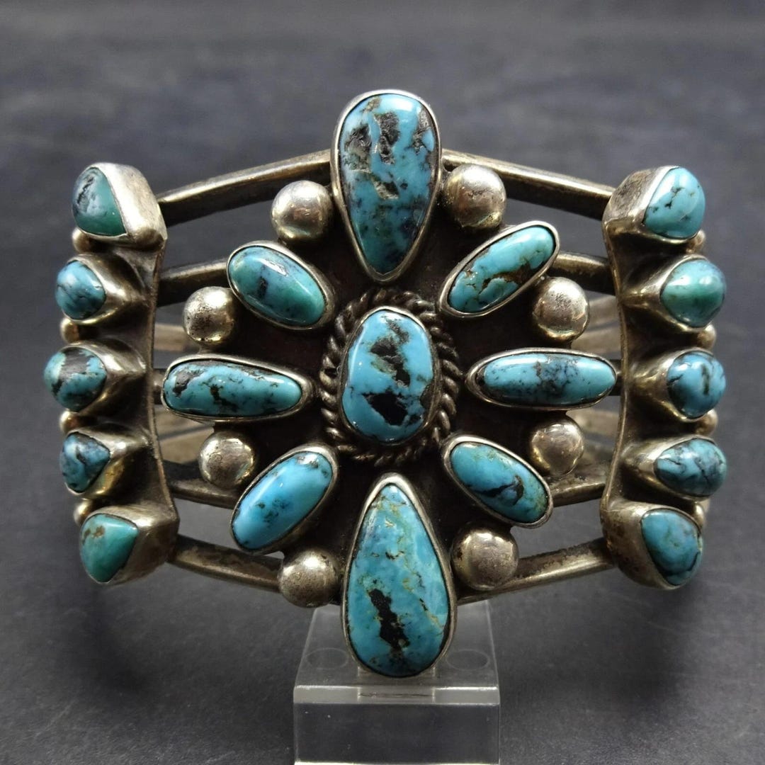Gorgeous Old TURQUOISE CLUSTER Sterling Silver Cuff BRACELET Vintage ...