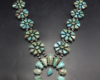 MAGNIFICENT Ella Peter NAVAJO Sterling Silver TURQUOISE Squash Blossom Necklace