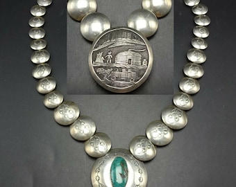 Vintage Sterling Silver Pillow BEADS Turquoise STORYTELLER Necklace