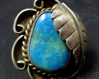 Old Pawn TURQUOISE Sterling Silver RING sz 6.75 Vintage c1960s 6.7g Applied Leaf