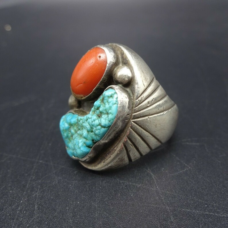 HUGE HEAVY 31g Vintage Navajo Sterling Silver Coral TURQUOISE Ring Size ...