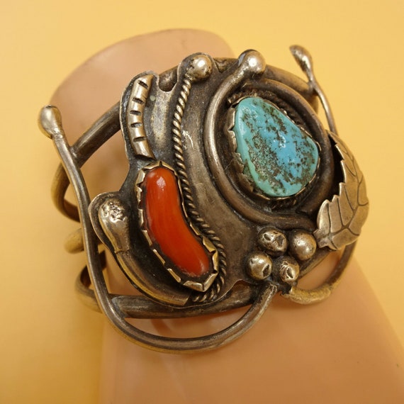 Vintage 1950s Sterling Silver CORAL & TURQUOISE C… - image 3