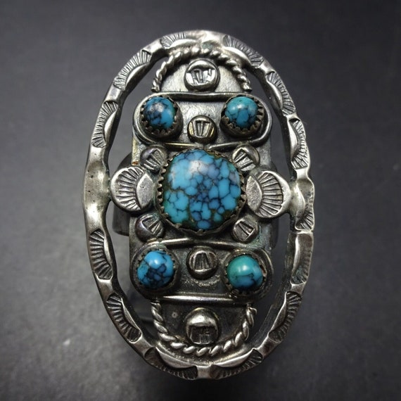 Tight Spiderweb Vintage Native American Navajo Turquoise Sterling Silver Ring Old Tight Spiderweb Vintage Native American Navajo Turquoise Sterling Silver Ring Old
