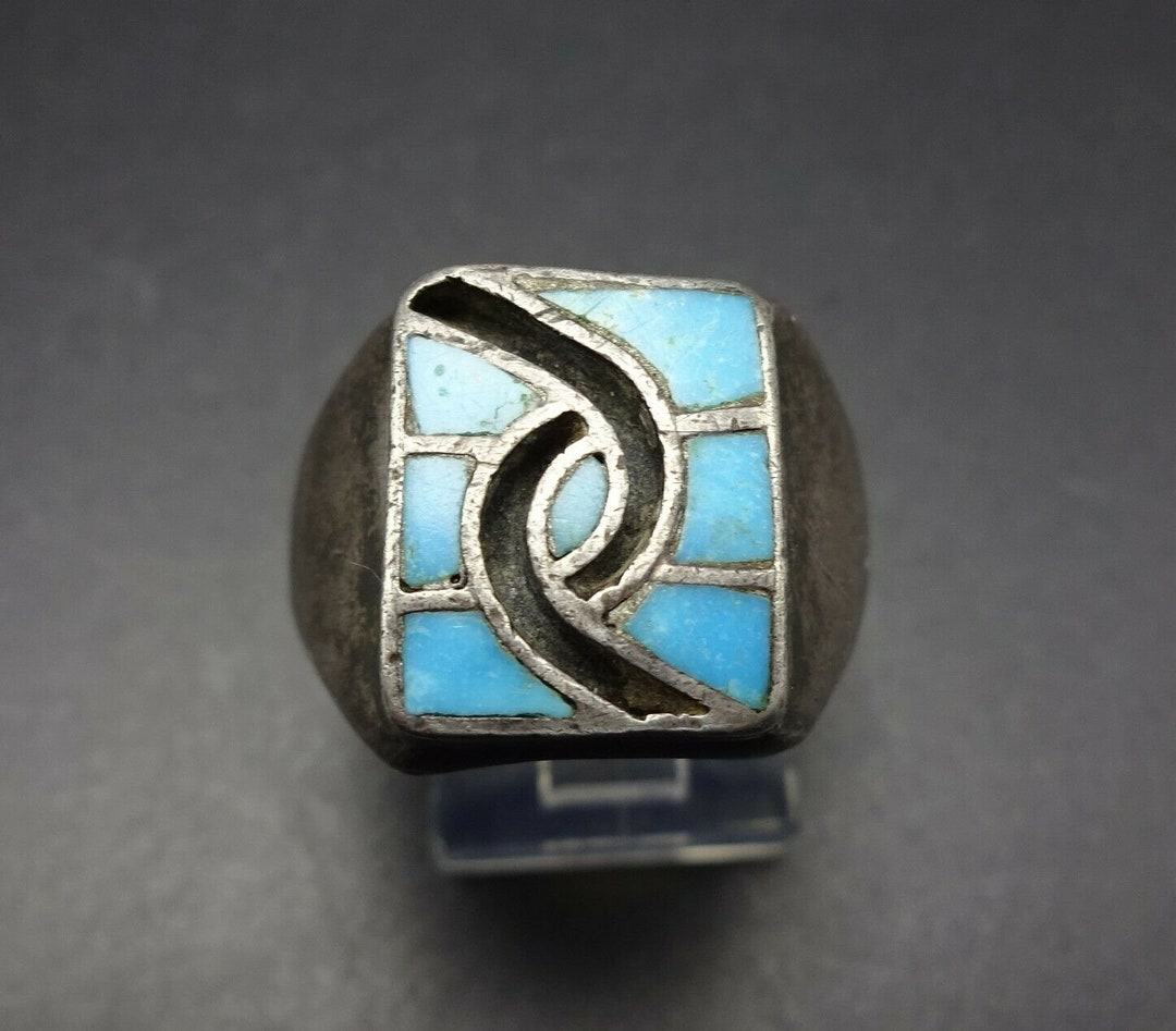 Hopi Inlay Rings Vintage HOPI Sterling Silver TURQUOISE Hummingbird Inlay SIGNET Ring ...