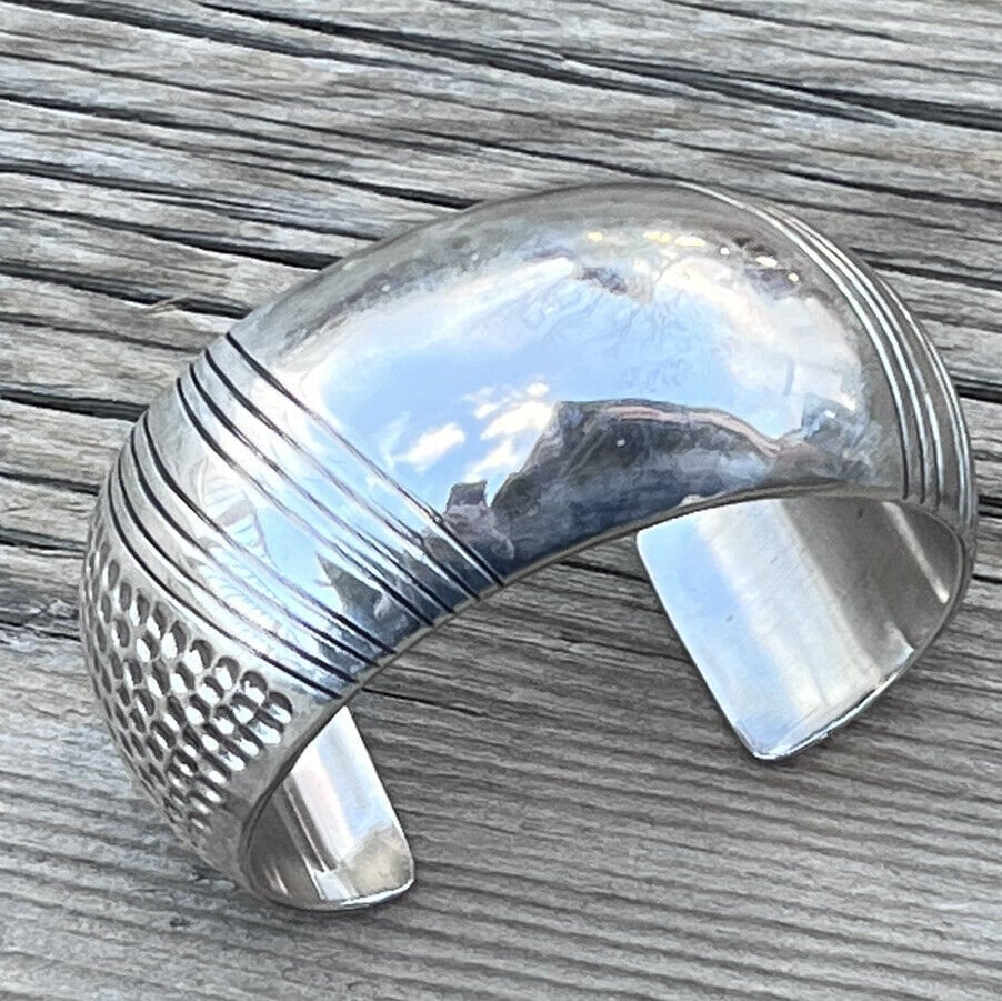 Orville Tsinnie NAVAJO Hand Stamped SHINY Sterling Silver Cuff