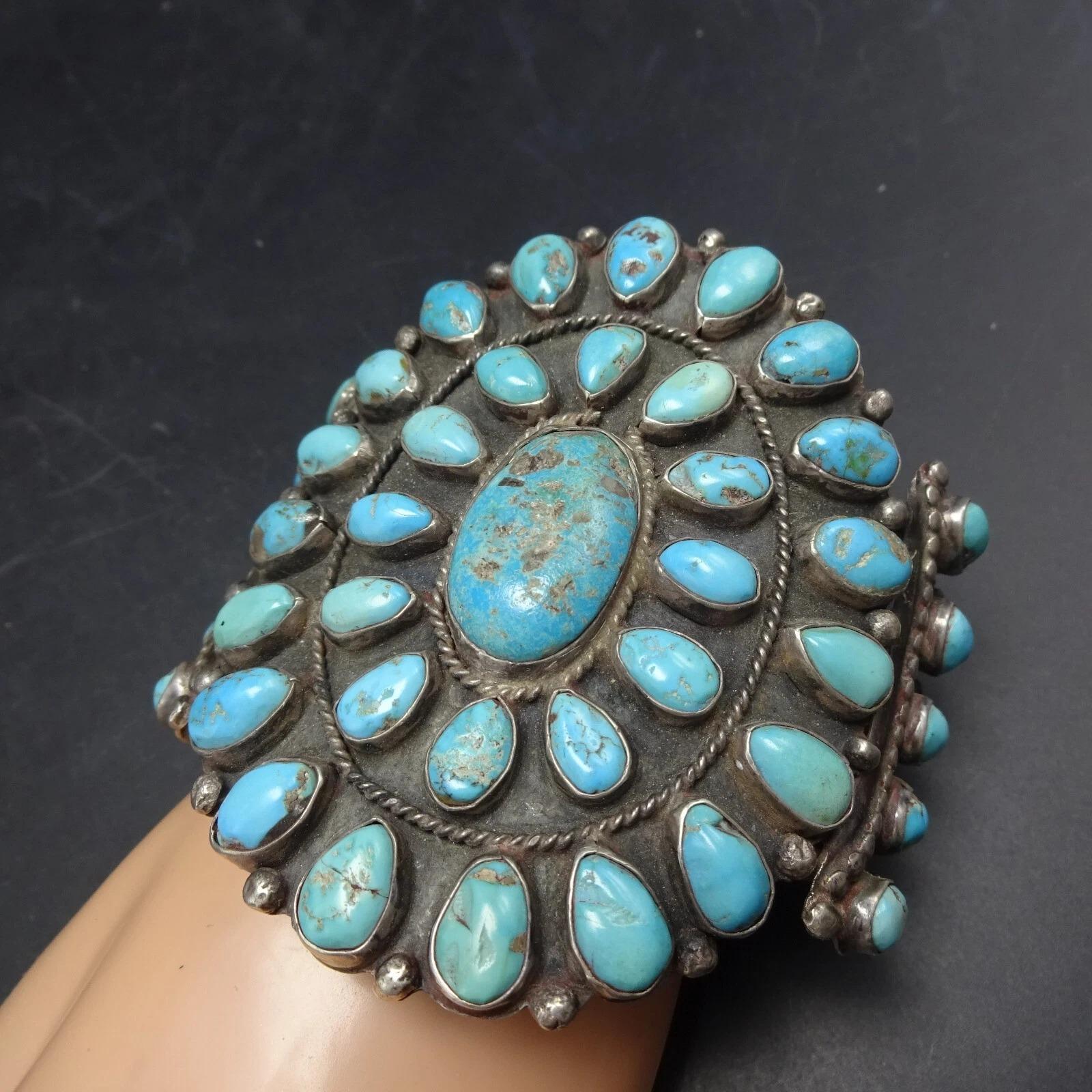OLD Circa 1930s NAVAJO Sterling Silver TURQUOISE Cluster Cuff Bracelet ...