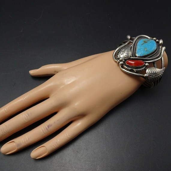 Roy VANDEVER Vintage Navajo Sterling Silver CORAL TURQUOISE Cuff